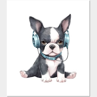 Watercolor Boston Terrier Dog with Headphones Posters and Art